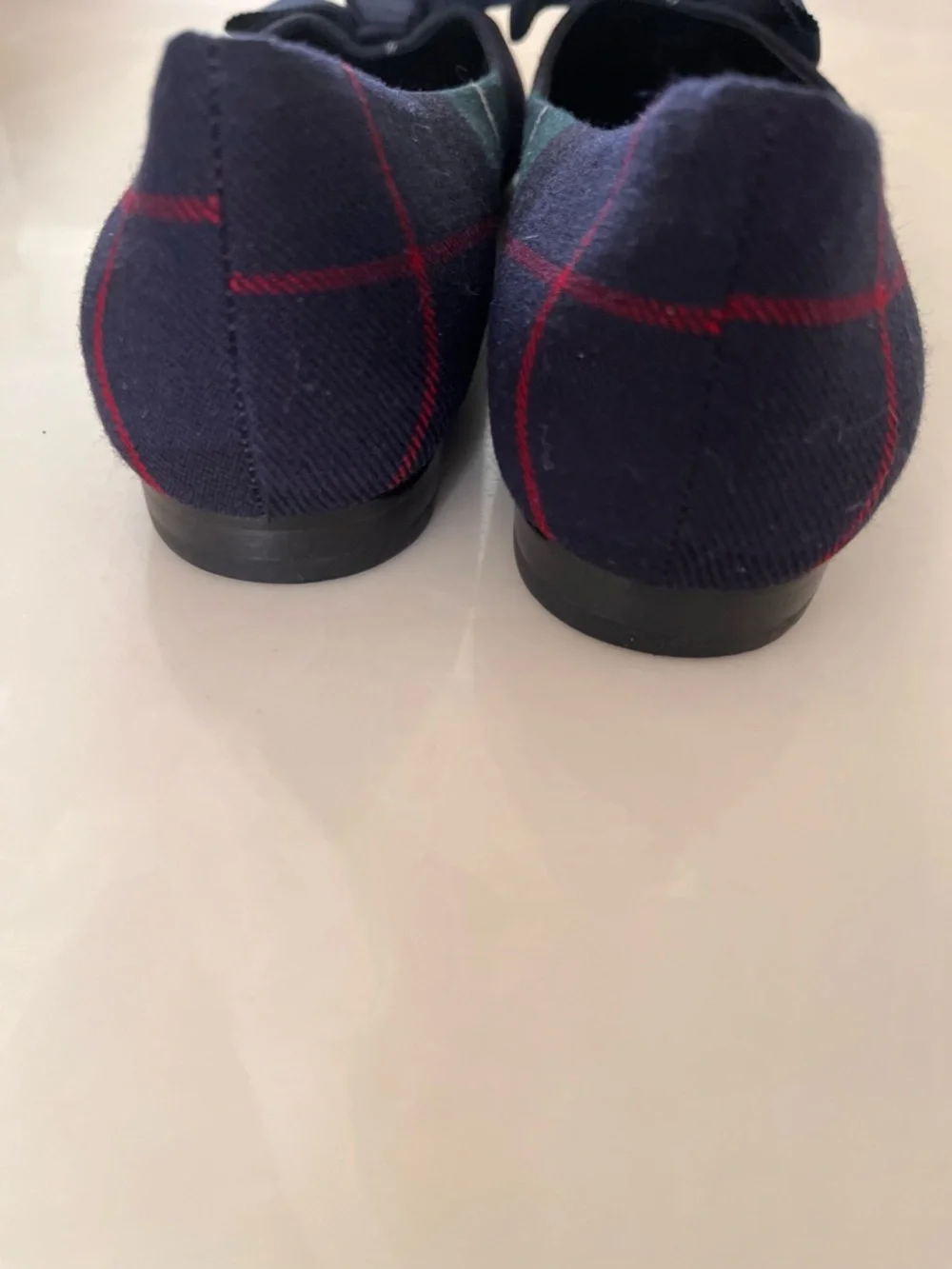 Women’s 7.5 Brooks Brothers Navy Plaid Loafers with Red Windowpane - Picture 3 of 7